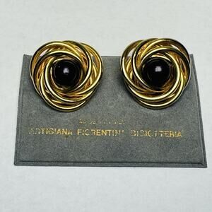 Vintage Artigiana Fiorentina Earrings BLACK Center Gold Tone Rope Border Italy